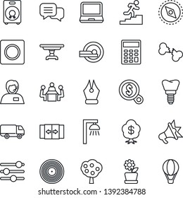 Thin Line Icon Set - automatic door vector, tomography, implant, broken bone, support, car delivery, vinyl, dialog, laptop pc, speaker, tuning, record, compass, calculator, ink pen, meeting, table
