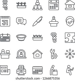 Thin Line Icon Set - baby room vector, reception, hierarchy, pen, manager place, seedling, term, no hook, shield, dialog, calendar, root setup, news, printer, house, bowl, cheese, man with notebook