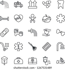 Thin Line Icon Set - baby vector, rake, watering, bird house, heart pulse, doctor case, blood pressure, dropper, pills, blister, patch, ambulance star, car, hospital bed, hand, caries, broken bone