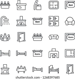 Thin Line Icon Set - baby room vector, bed, shower, checkroom, meeting, fireplace, hospital, plan, rent, rooms, bedroom, cushioned furniture, door