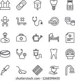 Thin Line Icon Set - baby vector, watering can, lawn mower, bird house, doctor case, diagnosis, stethoscope, blood pressure, dropper, pills, bottle, blister, patch, tomography, hospital bed, tooth
