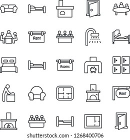 Thin Line Icon Set - baby room vector, bed, shower, checkroom, meeting, fireplace, hospital, plan, rent, rooms, bedroom, cushioned furniture, door