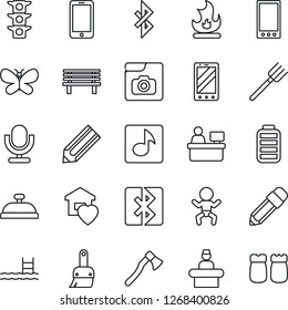 Thin Line Icon Set - baby vector, reception, mobile phone, manager place, pencil, farm fork, butterfly, fire, axe, bench, traffic light, microphone, battery, themes, bluetooth, music, photo gallery