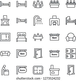 Thin Line Icon Set - baby room vector, bed, shower, checkroom, meeting, fireplace, hospital, plan, rent, rooms, bedroom, cushioned furniture, door