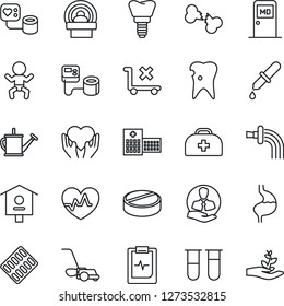 Thin Line Icon Set - baby vector, medical room, watering can, lawn mower, bird house, heart pulse, doctor case, blood pressure, test vial, dropper, pills, blister, tomography, hand, stomach, caries