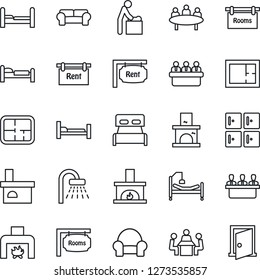 Thin Line Icon Set - baby room vector, bed, shower, checkroom, meeting, fireplace, hospital, plan, rent, rooms, bedroom, cushioned furniture, door