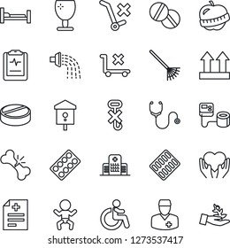 Thin Line Icon Set - baby vector, disabled, rake, watering, bird house, diagnosis, stethoscope, blood pressure, pills, blister, hospital bed, heart hand, broken bone, pulse clipboard, diet, doctor