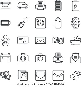 Thin Line Icon Set - baby vector, camera, mail, garden fork, cash, traffic light, battery, mobile, photo gallery, printer, rooms, salad, car, advertising