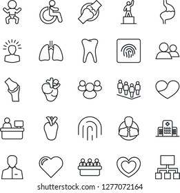 Thin Line Icon Set - baby vector, disabled, pedestal, team, meeting, manager place, heart, stomach, lungs, real, tooth, joint, hospital, client, group, user, fingerprint id, shining head, hierarchy