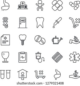 Thin Line Icon Set - baby vector, medical room, watering can, bird house, diagnosis, blood test vial, dropper, pills, blister, patch, ambulance star, stomach, tooth, implant, pulse clipboard, hook