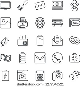 Thin Line Icon Set - baby vector, garden fork, bench, cash, traffic light, camera, monitor, chain, battery, mail, gallery, photo, calculator, printer, rooms, phone, advertising