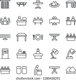 Thin Line Icon Set - baby room vector, reception, flight table, medical, desk, meeting, manager place, picnic, lamp, restaurant, serviette, cafe, reserved, salt and pepper