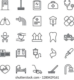 Thin Line Icon Set - baby vector, medical room, rake, watering, lawn mower, bird house, heart pulse, doctor case, diagnosis, stethoscope, blood test vial, dropper, patch, ambulance car, hospital bed