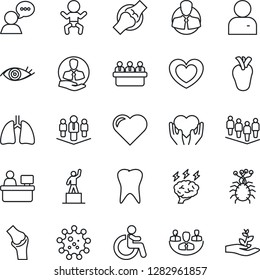 Thin Line Icon Set - baby vector, disabled, pedestal, team, brainstorm, meeting, manager place, heart, hand, lungs, real, tooth, eye, joint, virus, client, speaker, user, company, palm sproute