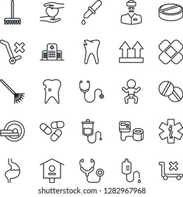 Thin Line Icon Set - baby vector, rake, bird house, stethoscope, blood pressure, dropper, pills, patch, tomography, ambulance star, heart hand, stomach, caries, hospital, doctor, up side sign