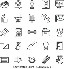 Thin Line Icon Set - baby room vector, right arrow, pennant, bulb, statistic monitor, house, garden knife, barbell, virus, container, route, chain, brightness, cellular signal, drawing pin, rent