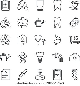 Thin Line Icon Set - baby vector, disabled, watering can, bird house, doctor case, diagnosis, stethoscope, dropper, pills, blister, ambulance star, heart hand, stomach, tooth, implant, client, hook
