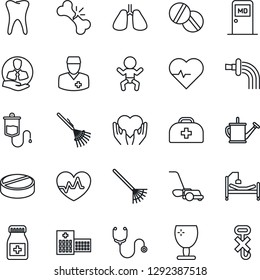 Thin Line Icon Set - baby vector, medical room, rake, watering can, lawn mower, heart pulse, doctor case, stethoscope, dropper, pills, bottle, hospital bed, hand, lungs, tooth, broken bone, client