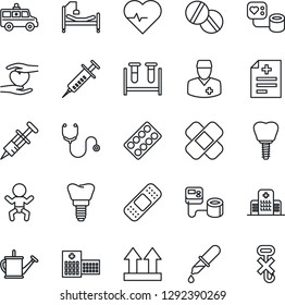 Thin Line Icon Set - baby vector, watering can, heart pulse, diagnosis, stethoscope, syringe, blood pressure, test vial, dropper, pills, blister, patch, ambulance car, hospital bed, hand, implant