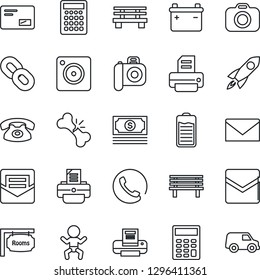 Thin Line Icon Set - baby vector, mail, printer, bench, broken bone, cash, camera, chain, battery, mobile, calculator, rooms, phone, rocket, car