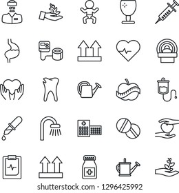 Thin Line Icon Set - baby vector, watering can, heart pulse, syringe, blood pressure, dropper, pills, bottle, tomography, hand, stomach, caries, clipboard, diet, hospital, doctor, fragile, bathroom