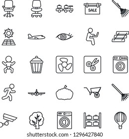 Thin Line Icon Set - baby vector, washer, baggage larry, plane, luggage storage, office chair, rake, tree, wheelbarrow, pumpkin, garden light, run, eye, cut, paper tray, sun panel, sale, fan