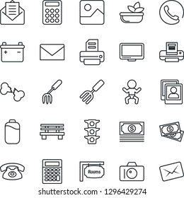 Thin Line Icon Set - baby vector, camera, mail, printer, garden fork, bench, broken bone, cash, traffic light, monitor, gallery, photo, battery, calculator, rooms, phone, salad