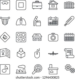 Thin Line Icon Set - baby room vector, plane, pennant, mouse, calendar, factory, contract, fence, house, fireplace, thermometer, scales, lungs, store, package, flammable, camera, stop button, music
