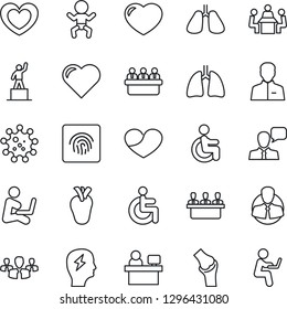 Thin Line Icon Set - baby vector, pedestal, brainstorm, meeting, manager place, heart, disabled, lungs, real, joint, virus, client, speaker, user, fingerprint id, group, man with notebook