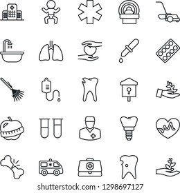 Thin Line Icon Set - baby vector, rake, lawn mower, bird house, heart pulse, doctor case, blood test vial, dropper, pills blister, tomography, ambulance star, car, hand, lungs, caries, implant, diet