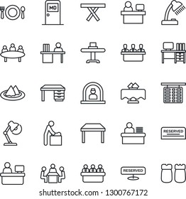 Thin Line Icon Set - baby room vector, reception, flight table, medical, desk, meeting, manager place, picnic, lamp, restaurant, serviette, cafe, reserved, salt and pepper