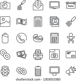 Thin Line Icon Set - baby vector, camera, garden fork, cash, traffic light, monitor, chain, battery, mail, gallery, photo, calculator, printer, rooms, phone, salad, advertising