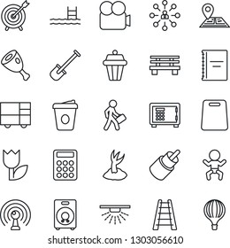 Thin Line Icon Set - baby vector, safe, hierarchy, coffee, shovel, ladder, sproute, bench, navigation, consolidated cargo, tulip, antenna, video camera, speaker, rca, copybook, calculator, manager