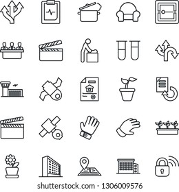Thin Line Icon Set - baby room vector, airport building, office, document reload, seedling, glove, blood test vial, pulse clipboard, route, navigation, satellite, clapboard, scanner, meeting, estate