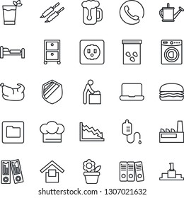 Thin Line Icon Set - baby room vector, bed, office binder, flower in pot, watering can, seeds, dropper, warehouse storage, shield, folder, paper, notebook pc, archive box, washer, phone, factory