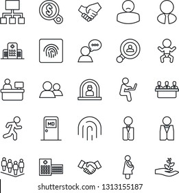 Thin Line Icon Set - Baby Vector, Reception, Medical Room, Handshake, Team, Manager Place, Run, Hospital, Patient, Pregnancy, Speaker, Group, Fingerprint Id, Meeting, Client Search, Estate Agent