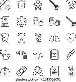 Thin Line Icon Set - baby vector, rake, watering, bird house, heart pulse, diagnosis, stethoscope, blood pressure, dropper, pills, patch, ambulance star, lungs, caries, clipboard, no trolley, hook