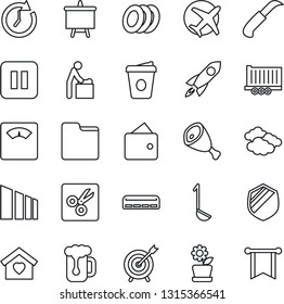 Thin Line Icon Set - baby room vector, clouds, presentation board, coffee, garden knife, scales, plane, truck trailer, sorting, shield, pause button, folder, cut, sweet home, air conditioner, beer