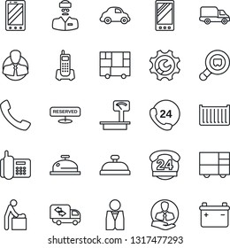 Thin Line Icon Set - baby room vector, mobile phone, doctor, office, 24 hours, client, cargo container, car delivery, consolidated, heavy scales, search, call, root setup, moving, waiter, reserved
