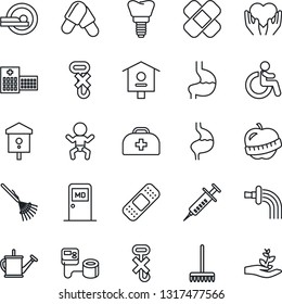 Thin Line Icon Set - baby vector, disabled, medical room, rake, watering can, bird house, doctor case, syringe, blood pressure, pills, patch, tomography, heart hand, stomach, implant, diet, hospital