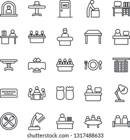 Thin Line Icon Set - baby room vector, reception, flight table, medical, desk, meeting, manager place, lamp, restaurant, cafe, reserved, salt and pepper