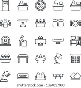 Thin Line Icon Set - baby room vector, reception, flight table, medical, desk, meeting, manager place, picnic, lamp, restaurant, cafe, reserved, salt and pepper, serviette