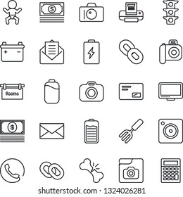 Thin Line Icon Set - baby vector, camera, mail, garden fork, broken bone, cash, traffic light, monitor, chain, battery, mobile, photo gallery, printer, rooms, phone, calculator