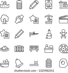 Thin Line Icon Set - baby vector, boarding, manager place, pencil, fence, tree, well, bench, joint, clapboard, reel, speaker, favorites list, battery, themes, bell, pool, crane, serviette, salad