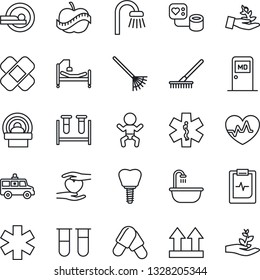Thin Line Icon Set - baby vector, medical room, rake, heart pulse, blood pressure, test vial, pills, patch, tomography, ambulance star, car, hospital bed, hand, implant, clipboard, diet, bathroom