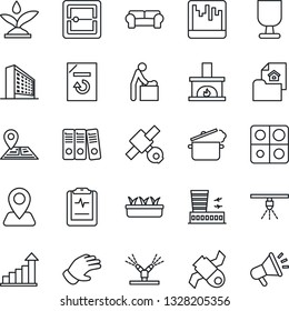Thin Line Icon Set - baby room vector, airport building, office, growth statistic, document reload, glove, seedling, pulse clipboard, navigation, satellite, fragile, scanner, application, estate