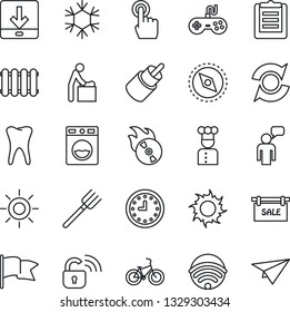 Thin Line Icon Set - baby room vector, speaking man, farm fork, sun, bike, tooth, clock, clipboard, flame disk, gamepad, touch screen, rca, download, compass, update, sale, wireless, cook, lock