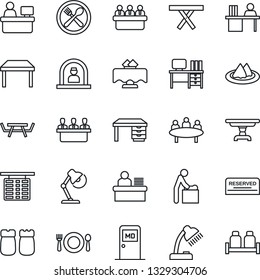 Thin Line Icon Set - baby room vector, reception, flight table, medical, desk, meeting, manager place, picnic, lamp, restaurant, serviette, cafe, reserved, salt and pepper