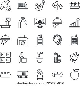 Thin Line Icon Set - baby room vector, plane globe, checkroom, growth statistic, monitor, seedling, glove, route, railroad, satellite, heavy scales, music, water supply, office building, fireplace