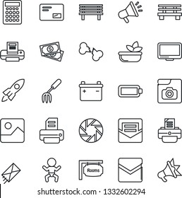 Thin Line Icon Set - baby vector, printer, garden fork, bench, broken bone, cash, monitor, mail, mobile camera, gallery, photo, battery, rooms, salad, rocket, calculator, advertising